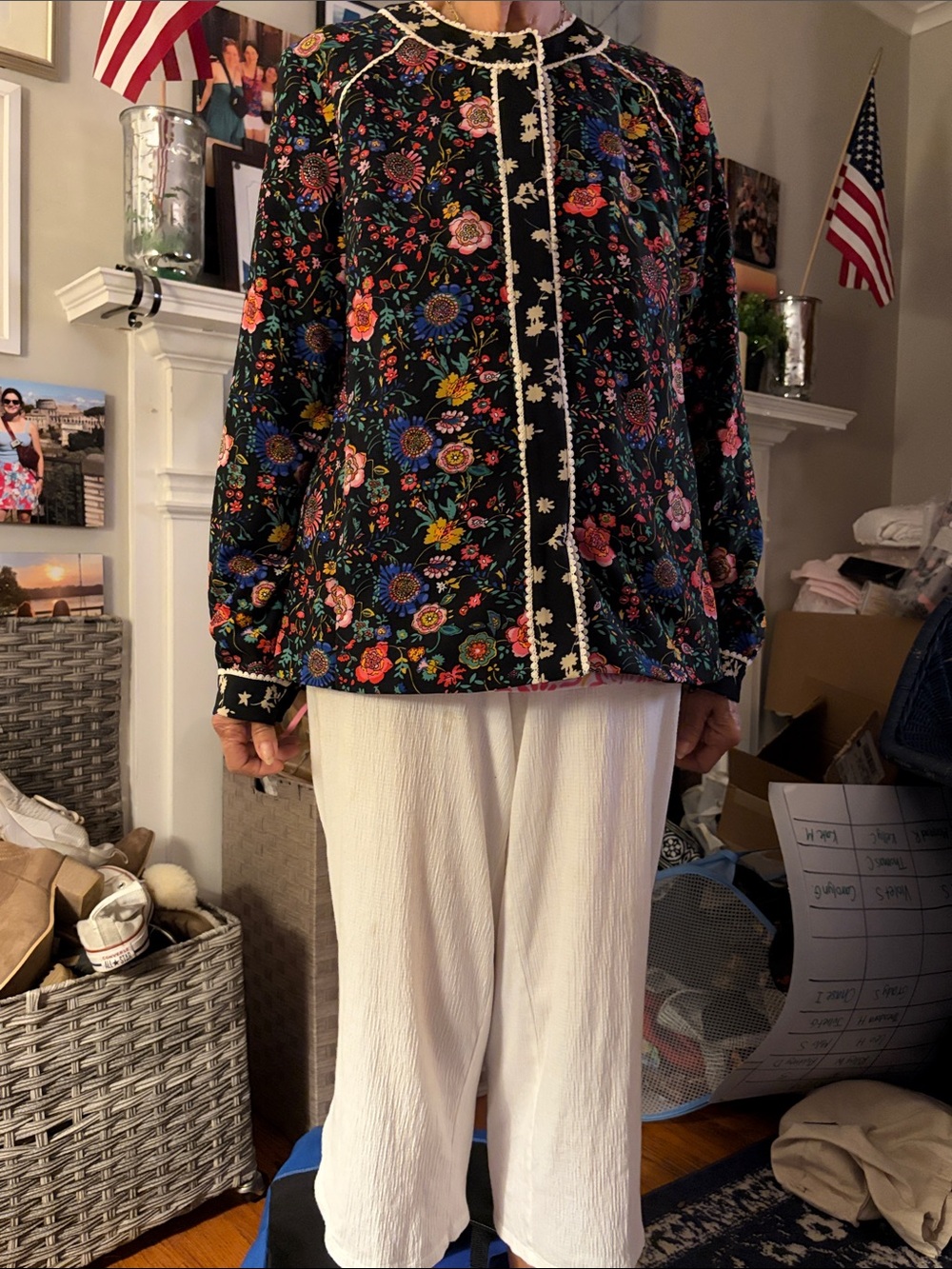LOGO by Lori Goldstein Black Floral Button-Front Top with Contrast Trim